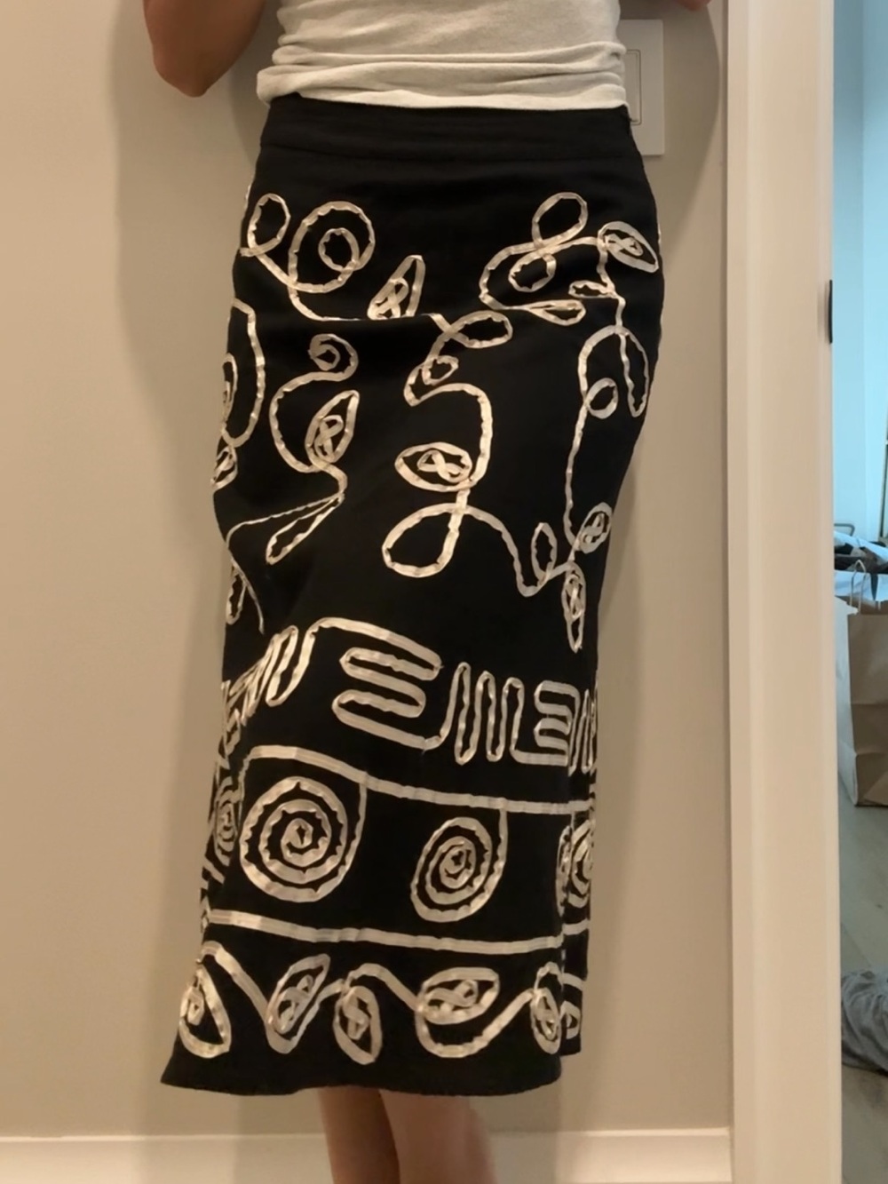Vintage Black Midi Skirt with Cream Swirl Motif